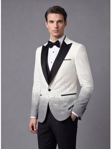White Single-Button Grooms Suit with Peak Lapel and Stone Embellishment