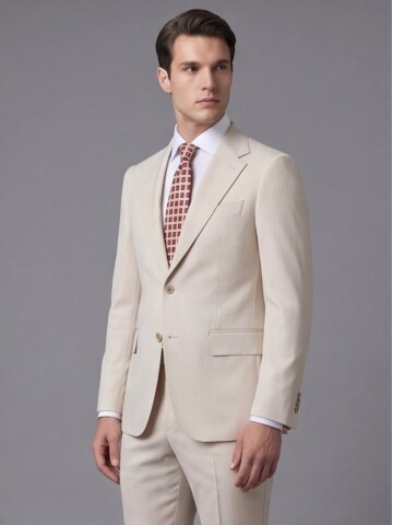 Beyaz Yünlü Mono Yaka Comfort Fit Takım Elbise