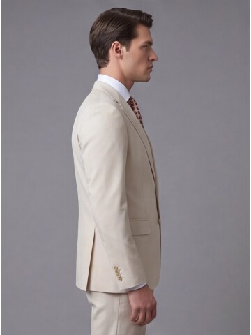 Beyaz Yünlü Mono Yaka Comfort Fit Takım Elbise