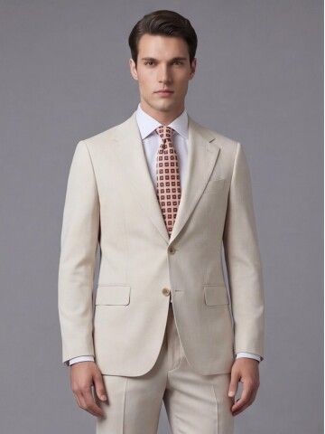 Beyaz Yünlü Mono Yaka Comfort Fit Takım Elbise