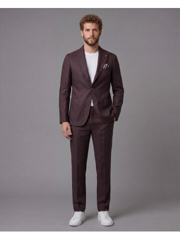 Bordo Keten Sivri Yaka Comfort Fit Torba Cep 2 Düğme Takım Elbise