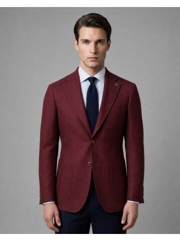 Burgundy Notch Lapel Pleated Patch Pocket Blazer