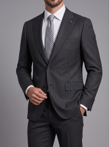 Mens Pinstripe Dark Grey Comfort Fit Suit