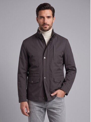 Erkek Koyu Kahverengi Dik Yaka Comfort Fit Torba Cepli Mont