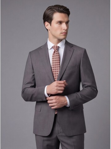 Füme Yünlü Mono Yaka Regular Fit 2 Düğme Takım Elbise