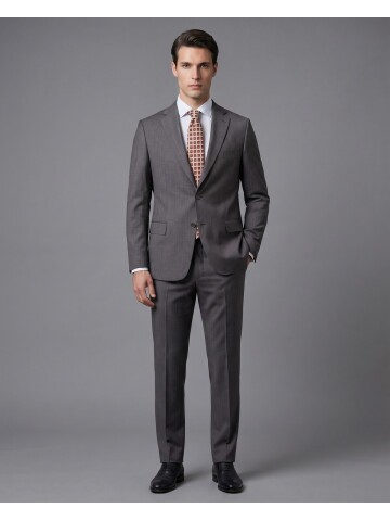 Füme Yünlü Mono Yaka Regular Fit 2 Düğme Takım Elbise