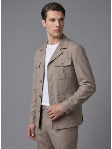 Beige Comfort Fit Unlined Safari Sport Suit