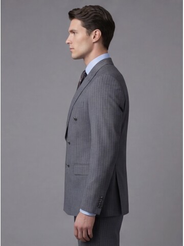 Gri Çizgili Yünlü Sivri Yaka Kruvaze Regular Fit 6 Düğme Takım Elbise