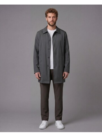 Gri Gömlek Yaka Beş Düğmeli Comfort Fit Tam Astarlı Yağmurluk