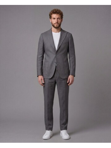 Gri Keten Sivri Yaka Comfort Fit Torba Cep 2 Düğme Takım Elbise