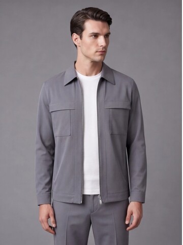 Grey Zippered Safari Pocket Comfort Fit Casual Suit