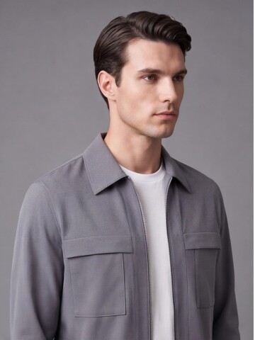 Grey Zippered Safari Pocket Comfort Fit Casual Suit