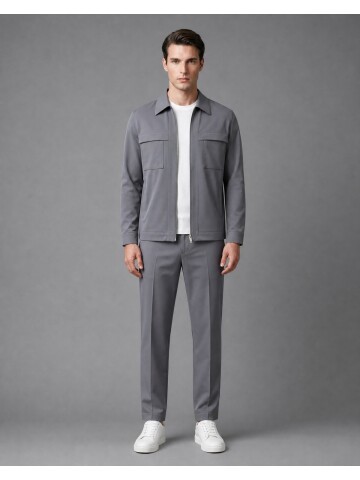 Grey Zippered Safari Pocket Comfort Fit Casual Suit