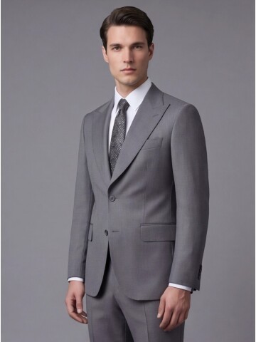 Gri Yünlü Sivri Yaka Comfort Fit Takım Elbise