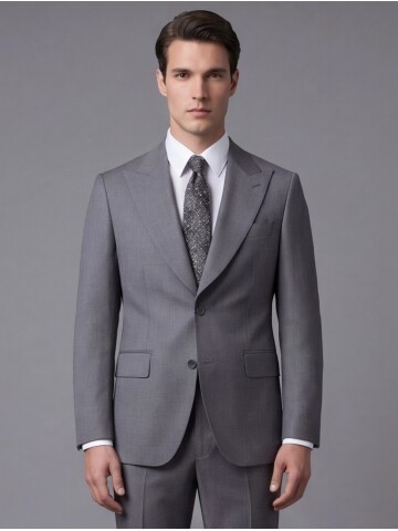 Gri Yünlü Sivri Yaka Comfort Fit Takım Elbise