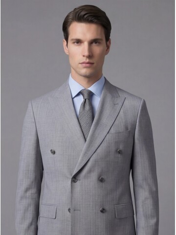 Gri Yünlü Sivri Yaka Kruvaze Regular Fit 6 Düğme Takım Elbise