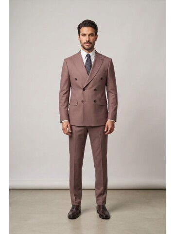 Dusty Rose Striped Peak Lapel Double Breasted 6 Button Comfort Fit Suit