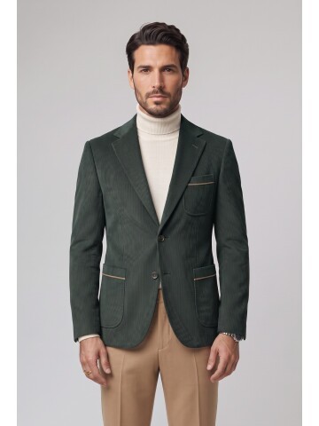 Haki Kadife Mono Yaka Slim Fit Ceket
