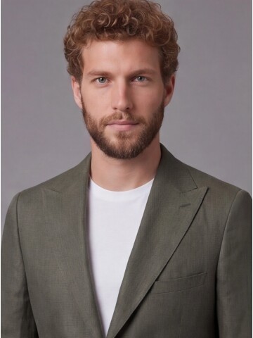 Haki Keten Sivri Yaka Comfort Fit Torba Cep 2 Düğme Takım Elbise