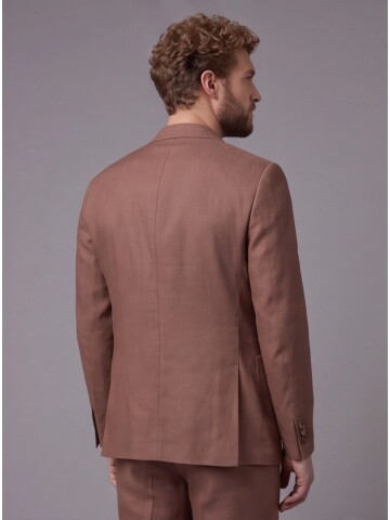 Kahverengi Keten Sivri Yaka Comfort Fit Torba Cep 2 Düğme Takım Elbise