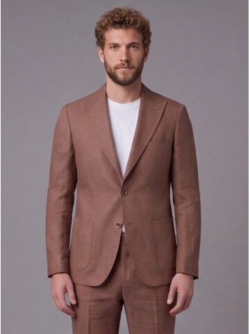 Kahverengi Keten Sivri Yaka Comfort Fit Torba Cep 2 Düğme Takım Elbise