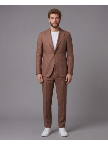 Kahverengi Keten Sivri Yaka Comfort Fit Torba Cep 2 Düğme Takım Elbise