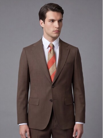 Kahverengi Mono Yaka İki Düğmeli Slim Fit Takım Elbise