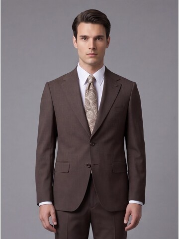 Kahverengi Mono Yaka İki Düğmeli Slim Fit Takım Elbise