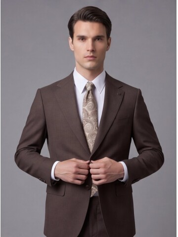 Kahverengi Mono Yaka İki Düğmeli Slim Fit Takım Elbise