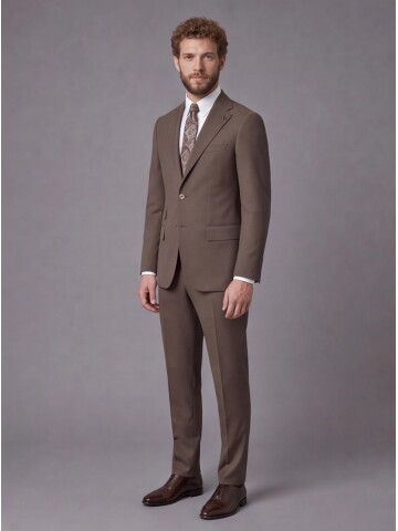 Kahverengi Slim Fit Mono Yaka 2 Düğmeli Takım Elbise