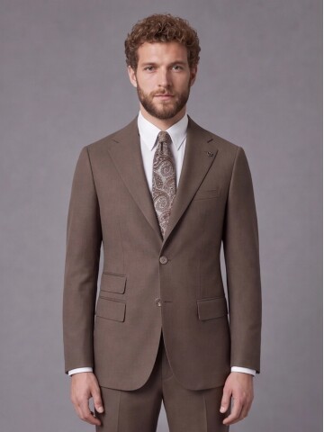 Kahverengi Slim Fit Mono Yaka 2 Düğmeli Takım Elbise