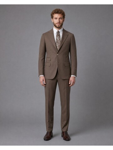 Kahverengi Slim Fit Mono Yaka 2 Düğmeli Takım Elbise