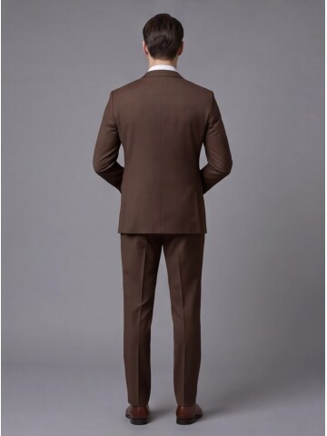 Kahverengi Yünlü Mono Yaka Regular Fit 2 Düğme Takım Elbise