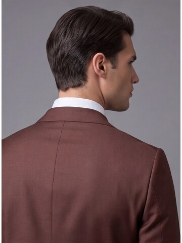 Kahverengi Yünlü Sivri Yaka Kruvaze Comfort Fit Takım Elbise