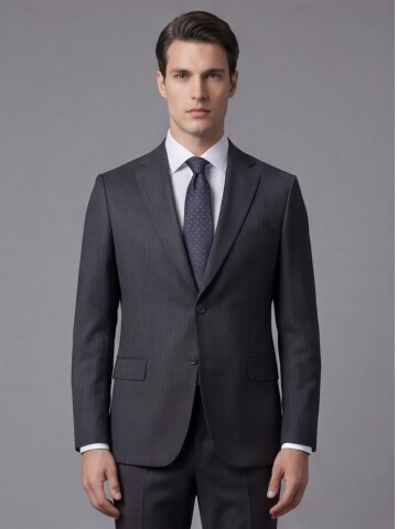 Koyu Gri Çizgili Yünlü Mono Yaka Regular Fit 2 Düğme Takım Elbise