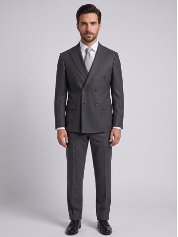 Koyu Gri Kruvaze Comfort Fit Sivri Yaka Takım Elbise