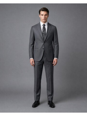 Dark Grey Wool Regular Fit 2-Button Suit with Stand Collar