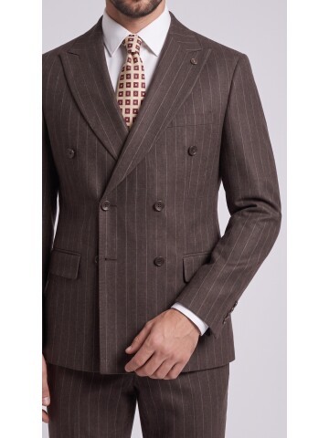 Dark Brown Striped Regular Fit Double Breasted Suit
