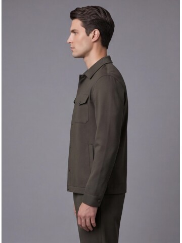 Koyu Kahverengi Gömlek Yaka Safari Cep Comfort Fit Spor Takım