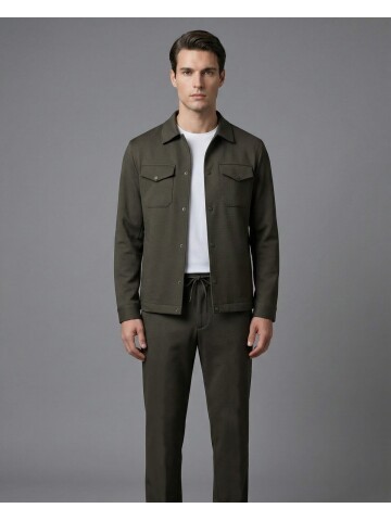 Koyu Kahverengi Gömlek Yaka Safari Cep Comfort Fit Spor Takım