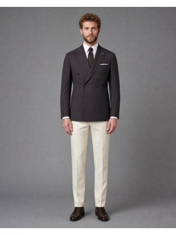 Dark Brown Double Breasted Jacket and Beige Trousers Slim Fit Combined Suit