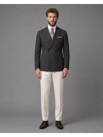 Dark Brown Double Breasted Jacket and Beige Trousers Slim Fit Combined Suit