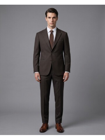 Koyu Kahverengi Mono Yaka Çift Düğmeli Takım Elbise