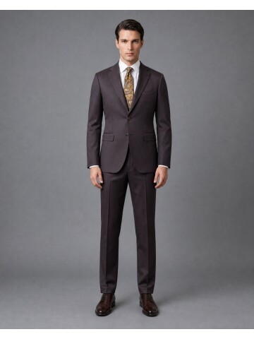 Koyu Kahverengi Mono Yaka Slim Fit 2 Düğme Takım Elbise