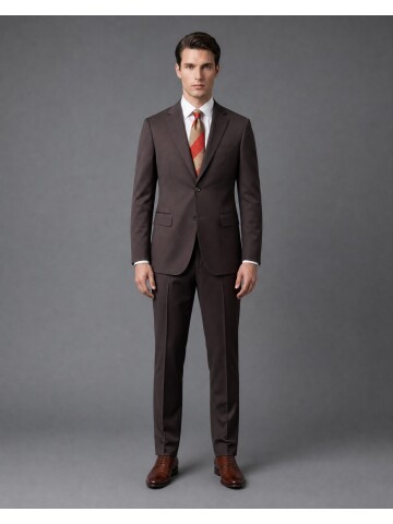 Koyu Kahverengi Mono Yaka Slim Fit 2 Düğme Takım Elbise