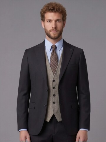 Koyu Kahverengi Sivri Yaka Çift Düğmeli Slim Fit Yelekli Takım Elbise