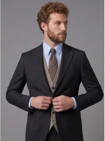 Koyu Kahverengi Sivri Yaka Çift Düğmeli Slim Fit Yelekli Takım Elbise