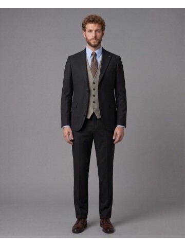 Koyu Kahverengi Sivri Yaka Çift Düğmeli Slim Fit Yelekli Takım Elbise