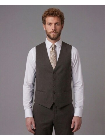 Koyu Kahverengi Sivri Yaka Çift Düğmeli Slim Fit Yelekli Takım Elbise