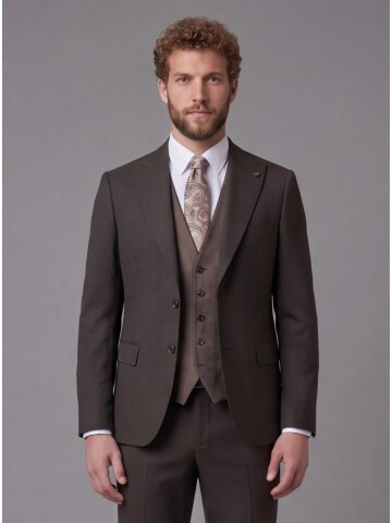 Koyu Kahverengi Sivri Yaka Çift Düğmeli Slim Fit Yelekli Takım Elbise